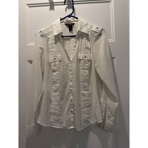 WHBM White Pintuck Safari Blouse Silver Buttons Epaulettes Utility Top Size 4